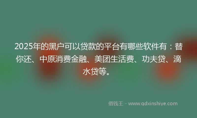 2025年的黑户可以贷款的平台有哪些软件有：替你还、中原消费金融、美团生活费、功夫贷、滴水贷等。