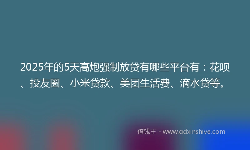 2025年的5天高炮强制放贷有哪些平台有:花呗、投友圈、小米贷款、美团生活费、滴水贷等。