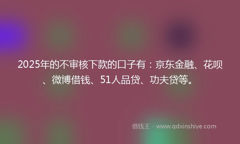 2025年的不审核下款的口子有：京东金融、花呗、微博借钱、51人品贷、功夫贷等。