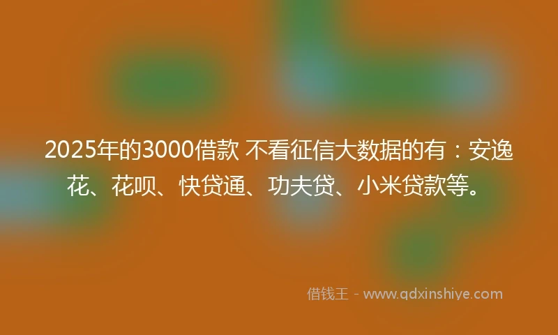 2025年的3000借款 不看征信大数据的有：安逸花、花呗、快贷通、功夫贷、小米贷款等。
