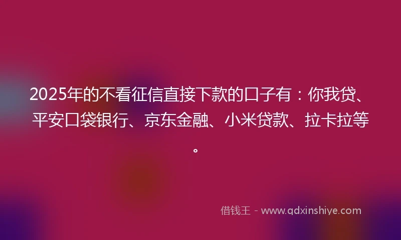 2025年的不看征信直接下款的口子有：你我贷、平安口袋银行、京东金融、小米贷款、拉卡拉等。