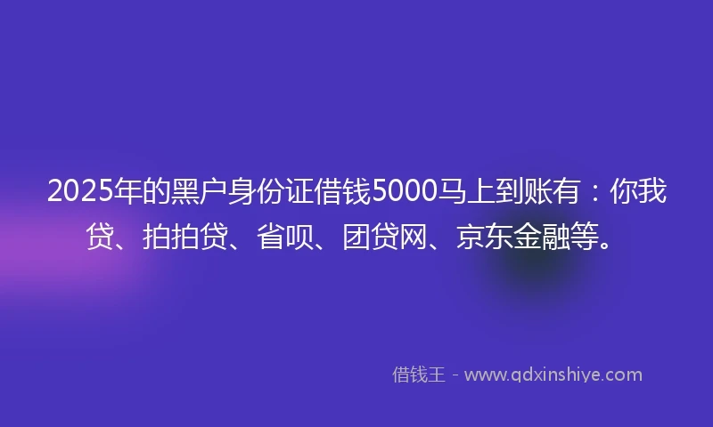 2025年的黑户身份证借钱5000马上到账有：你我贷、拍拍贷、省呗、团贷网、京东金融等。