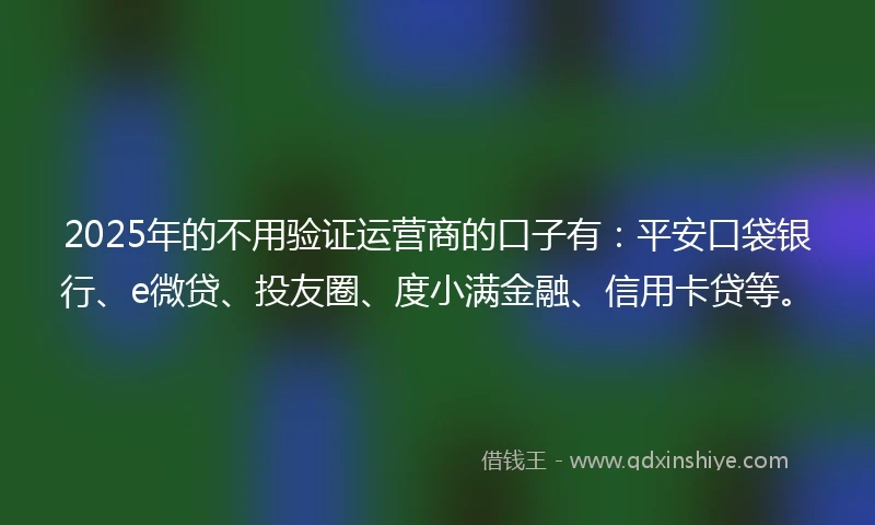2025年的不用验证运营商的口子有：平安口袋银行、e微贷、投友圈、度小满金融、信用卡贷等。