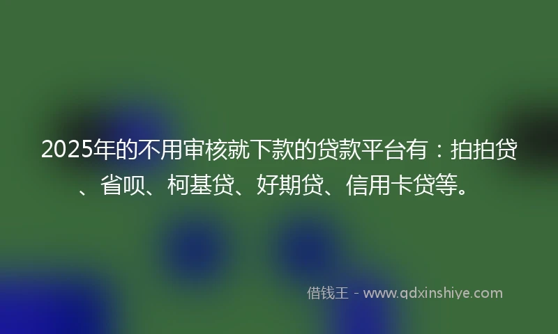 2025年的不用审核就下款的贷款平台有：拍拍贷、省呗、柯基贷、好期贷、信用卡贷等。
