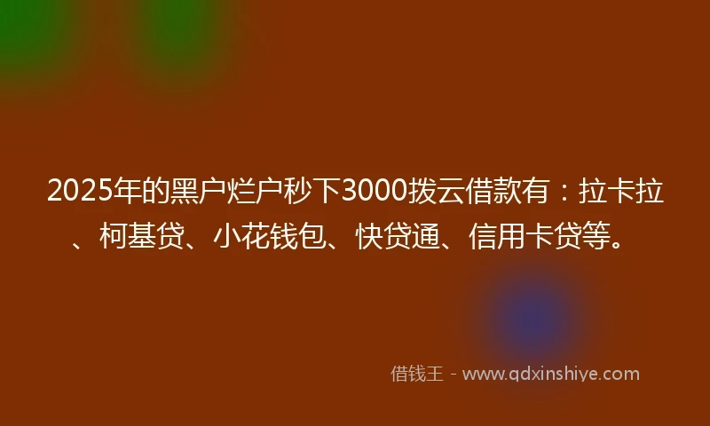 2025年的黑户烂户秒下3000拨云借款有：拉卡拉、柯基贷、小花钱包、快贷通、信用卡贷等。