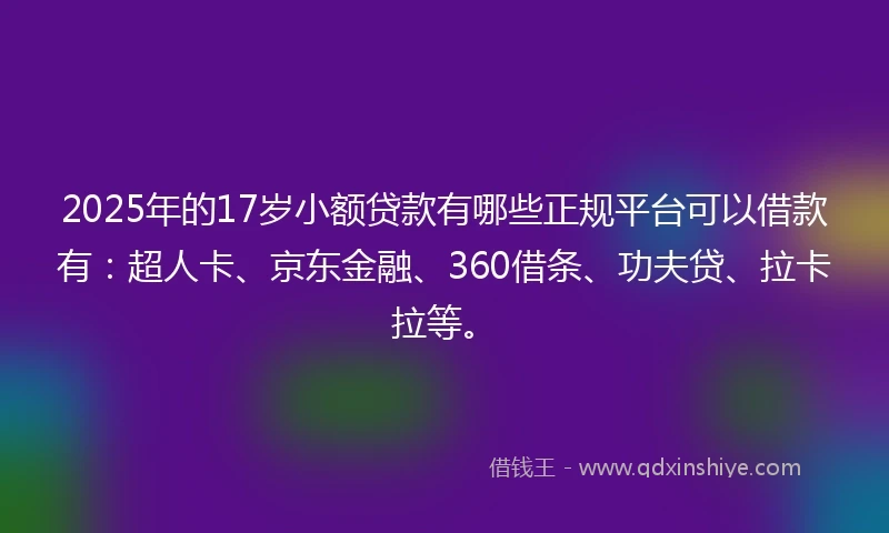 2025年的17岁小额贷款有哪些正规平台可以借款有：超人卡、京东金融、360借条、功夫贷、拉卡拉等。