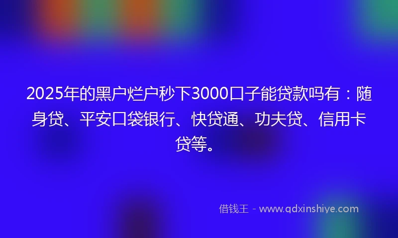 2025年的黑户烂户秒下3000口子能贷款吗有:随身贷、平安口袋银行、快贷通、功夫贷、信用卡贷等。