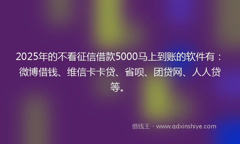 2025年的不看征信借款5000马上到账的软件有:微博借钱、维信卡卡贷、省呗、团贷网、人人贷等。