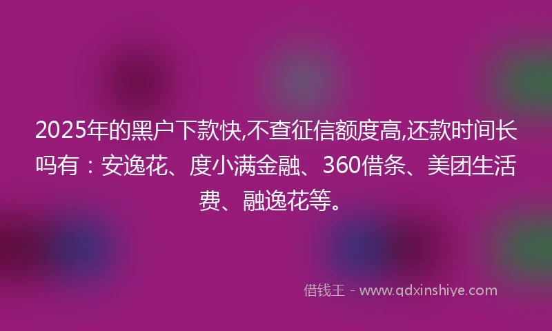 2025年的黑户下款快,不查征信额度高,还款时间长吗有：安逸花、度小满金融、360借条、美团生活费、融逸花等。