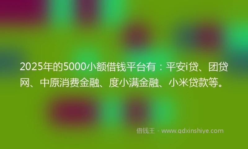 2025年的5000小额借钱平台有：平安i贷、团贷网、中原消费金融、度小满金融、小米贷款等。