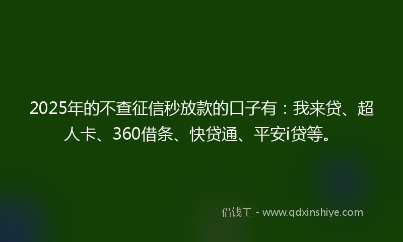 2025年的不查征信秒放款的口子有：我来贷、超人卡、360借条、快贷通、平安i贷等。