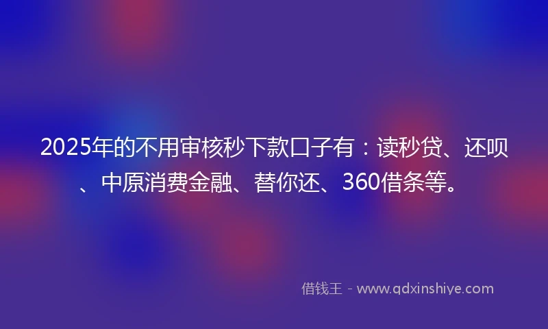 2025年的不用审核秒下款口子有：读秒贷、还呗、中原消费金融、替你还、360借条等。