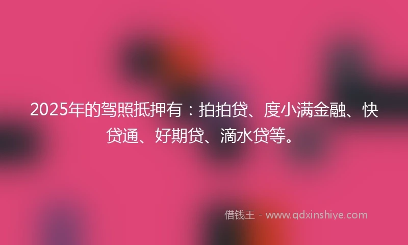 2025年的驾照抵押有：拍拍贷、度小满金融、快贷通、好期贷、滴水贷等。
