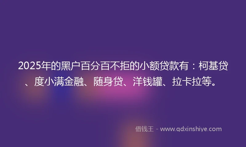 2025年的黑户百分百不拒的小额贷款有：柯基贷、度小满金融、随身贷、洋钱罐、拉卡拉等。