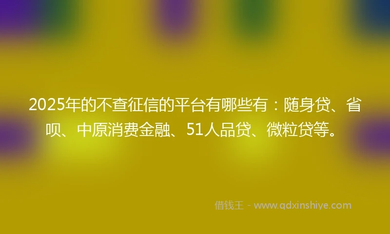 2025年的不查征信的平台有哪些有：随身贷、省呗、中原消费金融、51人品贷、微粒贷等。