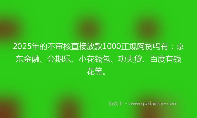 2025年的不审核直接放款1000正规网贷吗有：京东金融、分期乐、小花钱包、功夫贷、百度有钱花等。
