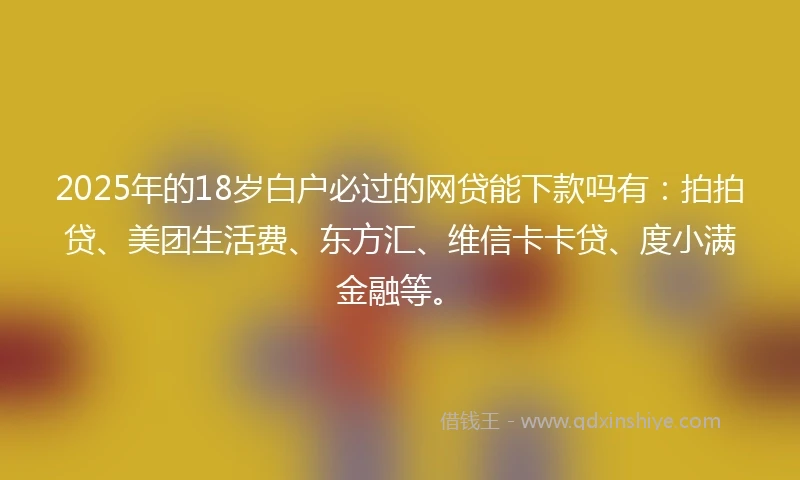 2025年的18岁白户必过的网贷能下款吗有：拍拍贷、美团生活费、东方汇、维信卡卡贷、度小满金融等。