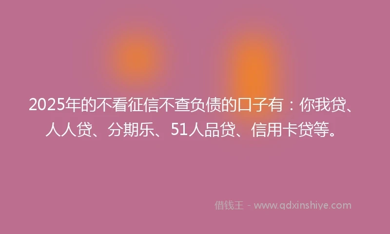 2025年的不看征信不查负债的口子有：你我贷、人人贷、分期乐、51人品贷、信用卡贷等。