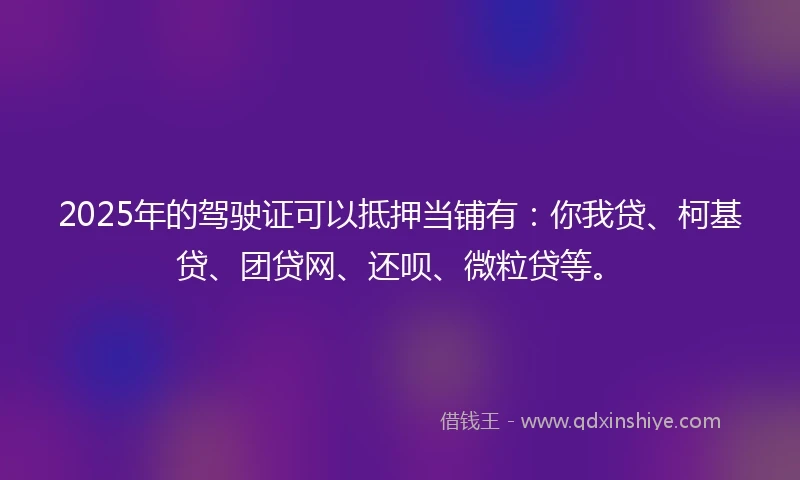 2025年的驾驶证可以抵押当铺有：你我贷、柯基贷、团贷网、还呗、微粒贷等。