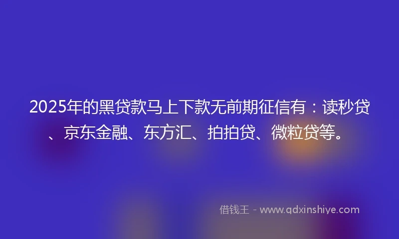 2025年的黑贷款马上下款无前期征信有：读秒贷、京东金融、东方汇、拍拍贷、微粒贷等。