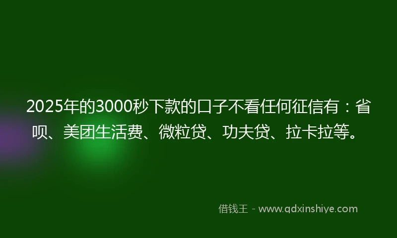 2025年的3000秒下款的口子不看任何征信有：省呗、美团生活费、微粒贷、功夫贷、拉卡拉等。