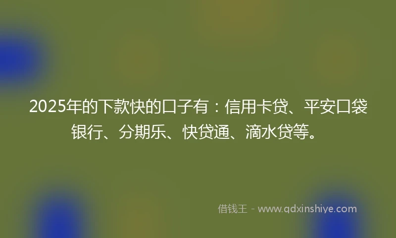2025年的下款快的口子有：信用卡贷、平安口袋银行、分期乐、快贷通、滴水贷等。