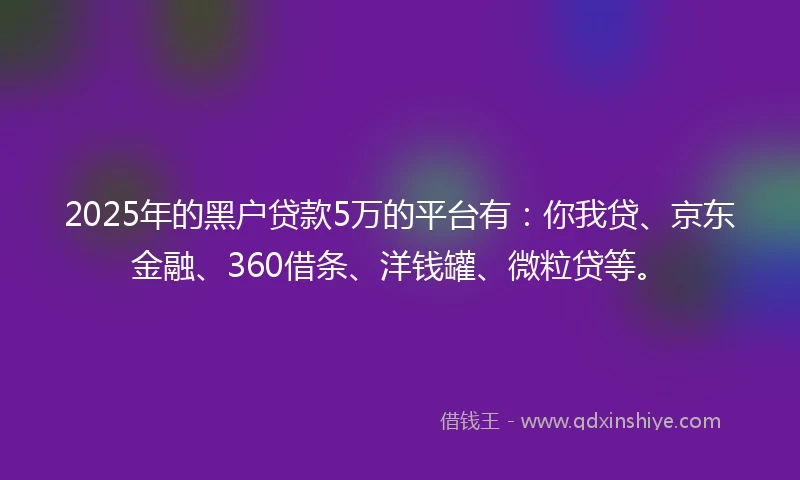 2025年的黑户贷款5万的平台有：你我贷、京东金融、360借条、洋钱罐、微粒贷等。