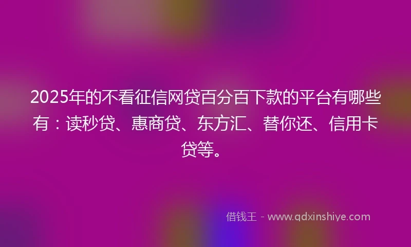 2025年的不看征信网贷百分百下款的平台有哪些有：读秒贷、惠商贷、东方汇、替你还、信用卡贷等。