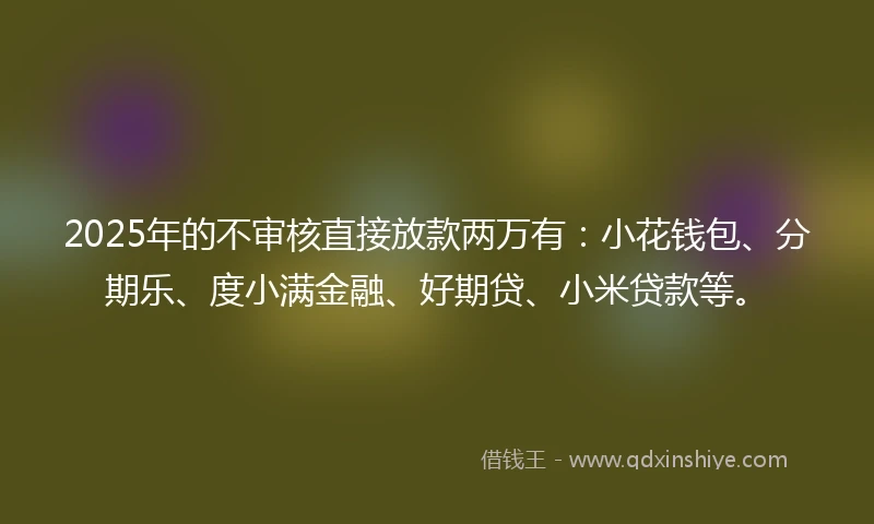 2025年的不审核直接放款两万有：小花钱包、分期乐、度小满金融、好期贷、小米贷款等。