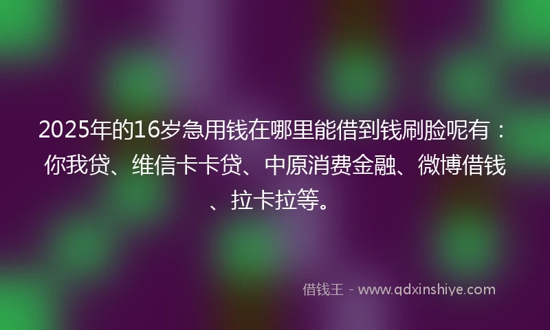 2025年的16岁急用钱在哪里能借到钱刷脸呢有：你我贷、维信卡卡贷、中原消费金融、微博借钱、拉卡拉等。