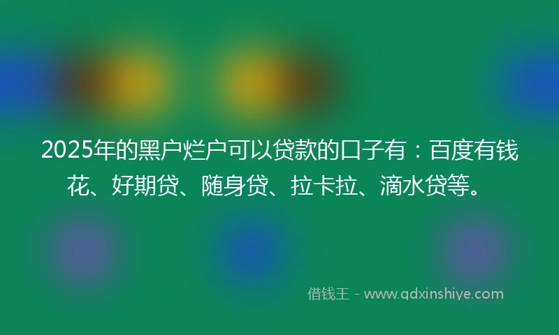 2025年的黑户烂户可以贷款的口子有：百度有钱花、好期贷、随身贷、拉卡拉、滴水贷等。