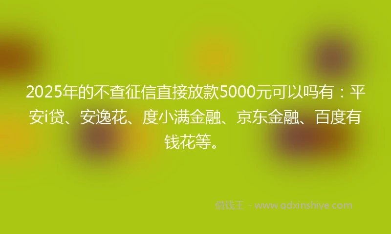 2025年的不查征信直接放款5000元可以吗有：平安i贷、安逸花、度小满金融、京东金融、百度有钱花等。