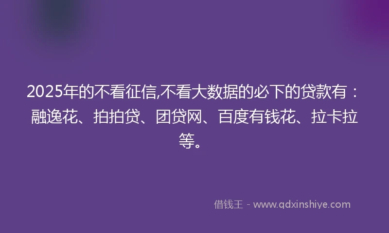 2025年的不看征信,不看大数据的必下的贷款有：融逸花、拍拍贷、团贷网、百度有钱花、拉卡拉等。
