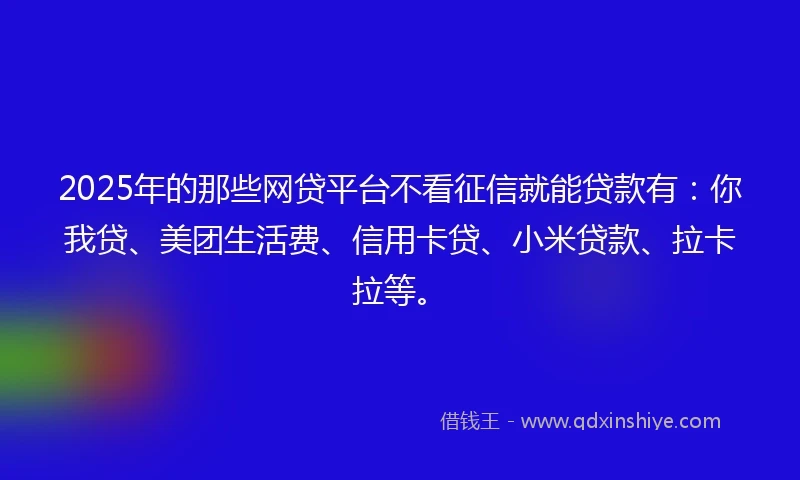 2025年的那些网贷平台不看征信就能贷款有:你我贷、美团生活费、信用卡贷、小米贷款、拉卡拉等。