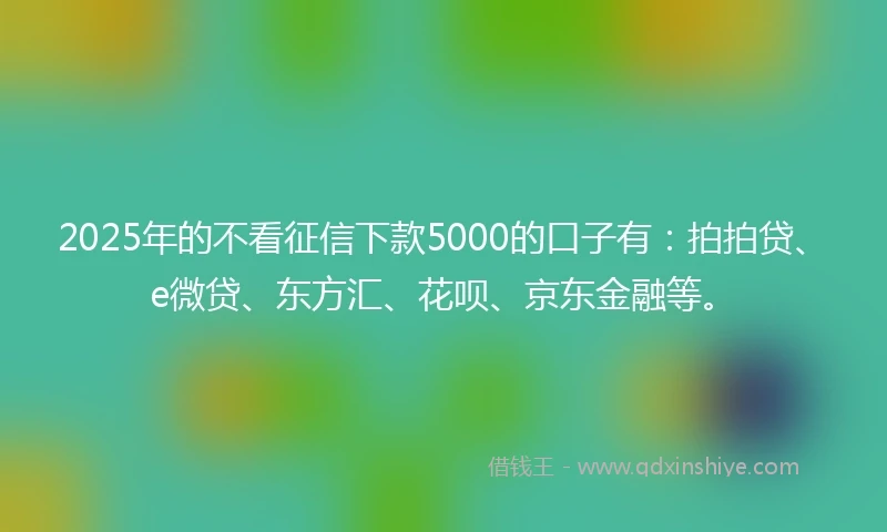 2025年的不看征信下款5000的口子有：拍拍贷、e微贷、东方汇、花呗、京东金融等。