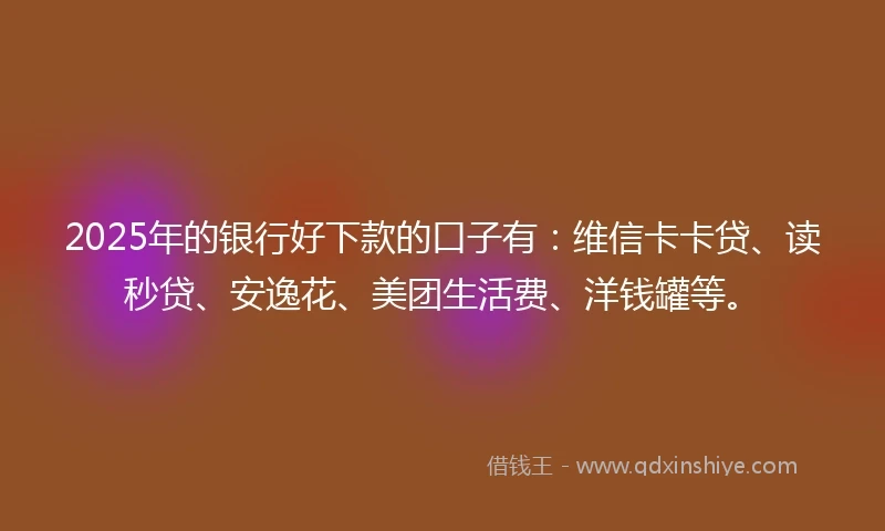 2025年的银行好下款的口子有：维信卡卡贷、读秒贷、安逸花、美团生活费、洋钱罐等。