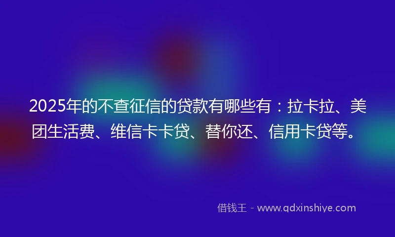2025年的不查征信的贷款有哪些有:拉卡拉、美团生活费、维信卡卡贷、替你还、信用卡贷等。
