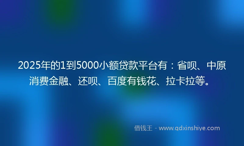 2025年的1到5000小额贷款平台有：省呗、中原消费金融、还呗、百度有钱花、拉卡拉等。