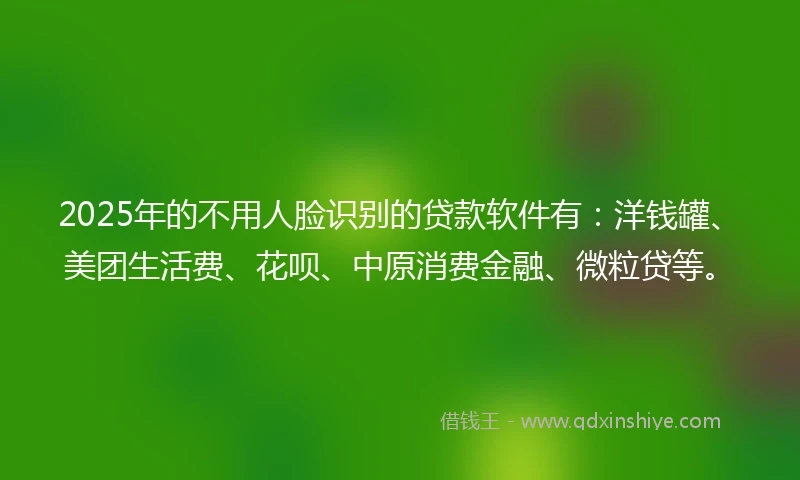 2025年的不用人脸识别的贷款软件有：洋钱罐、美团生活费、花呗、中原消费金融、微粒贷等。