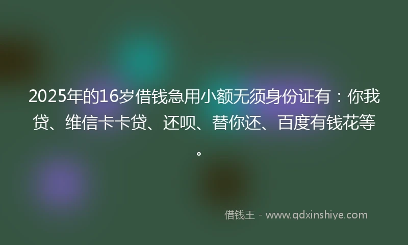 2025年的16岁借钱急用小额无须身份证有：你我贷、维信卡卡贷、还呗、替你还、百度有钱花等。