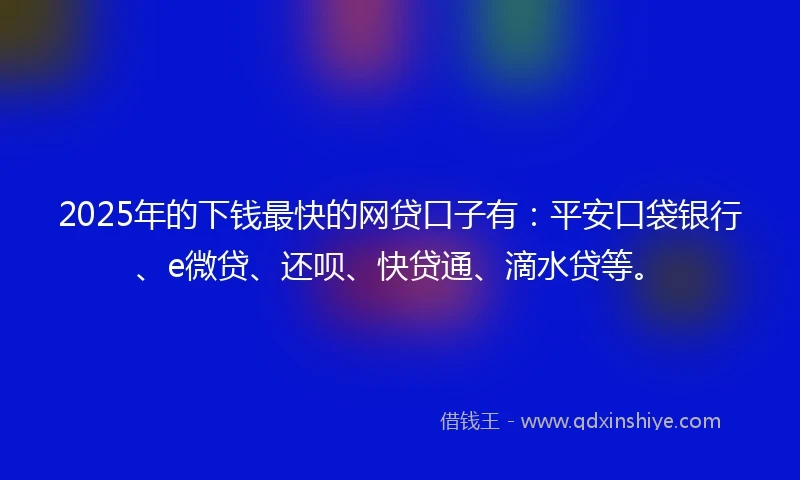 2025年的下钱最快的网贷口子有：平安口袋银行、e微贷、还呗、快贷通、滴水贷等。