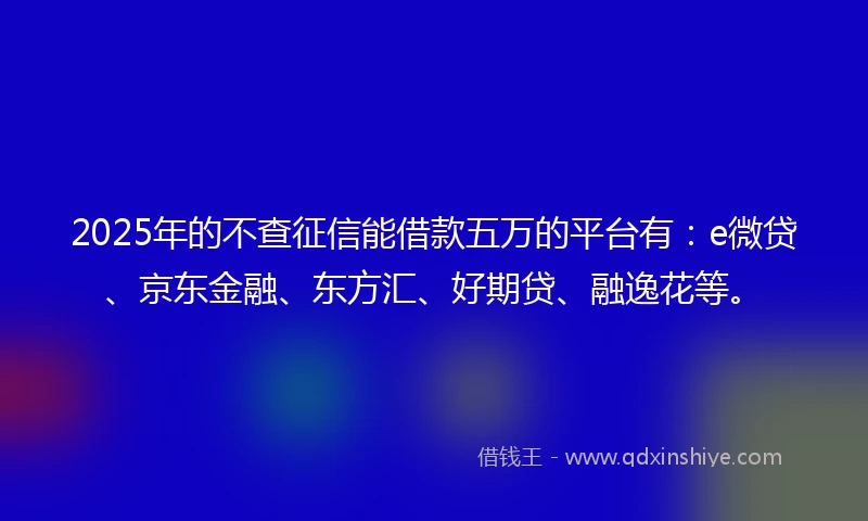2025年的不查征信能借款五万的平台有：e微贷、京东金融、东方汇、好期贷、融逸花等。
