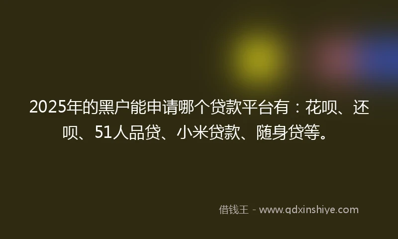 2025年的黑户能申请哪个贷款平台有：花呗、还呗、51人品贷、小米贷款、随身贷等。