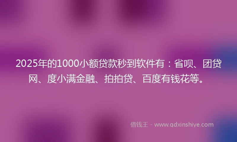 2025年的1000小额贷款秒到软件有：省呗、团贷网、度小满金融、拍拍贷、百度有钱花等。