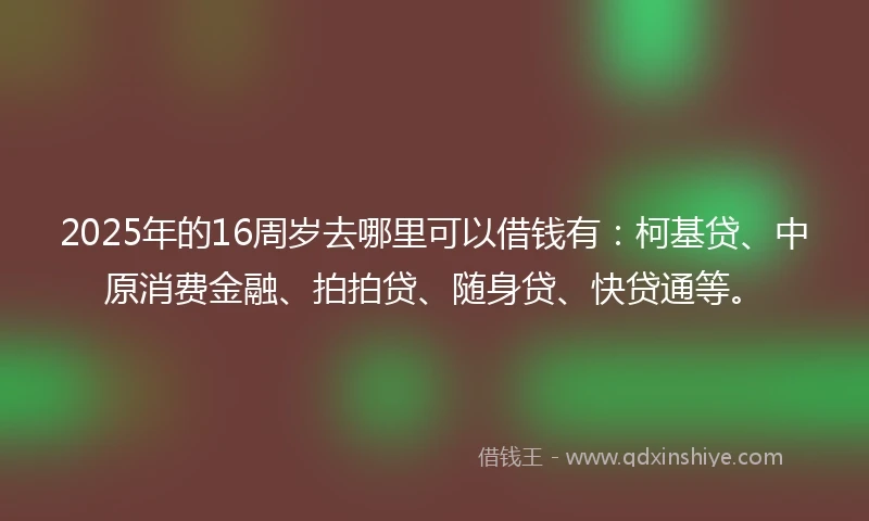 2025年的16周岁去哪里可以借钱有：柯基贷、中原消费金融、拍拍贷、随身贷、快贷通等。
