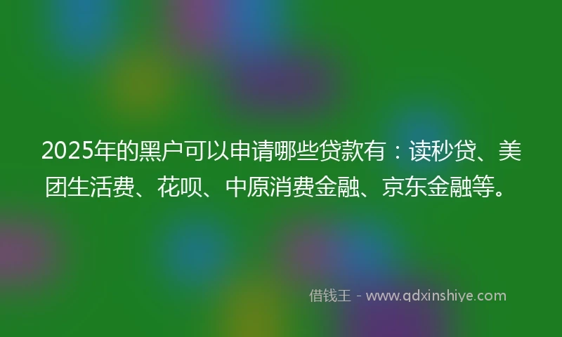 2025年的黑户可以申请哪些贷款有：读秒贷、美团生活费、花呗、中原消费金融、京东金融等。