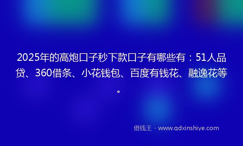 2025年的高炮口子秒下款口子有哪些有：51人品贷、360借条、小花钱包、百度有钱花、融逸花等。