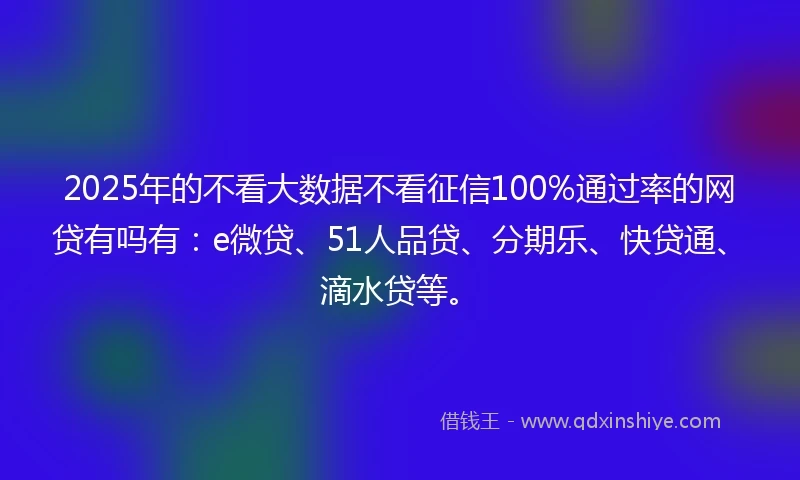 2025年的不看大数据不看征信100%通过率的网贷有吗有：e微贷、51人品贷、分期乐、快贷通、滴水贷等。