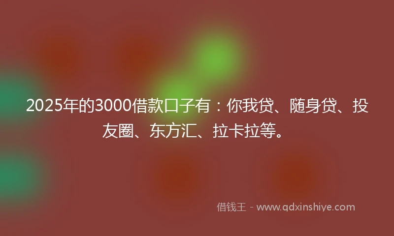2025年的3000借款口子有：你我贷、随身贷、投友圈、东方汇、拉卡拉等。