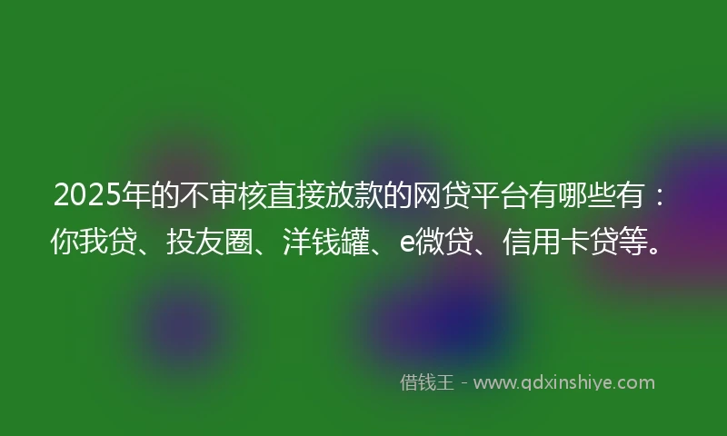 2025年的不审核直接放款的网贷平台有哪些有:你我贷、投友圈、洋钱罐、e微贷、信用卡贷等。